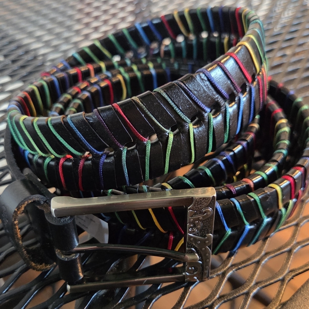 Robert Graham New 54/56 Black Leather Rainbow Lacing Belt